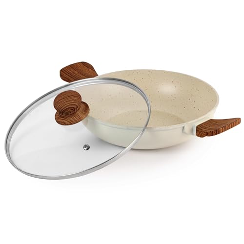 Image of CELLO Castello Die Cast Induction Aluminium Kadhai with Glass Lid 24 Cm, 4 mm Thickness | Induction Base Kadhai | Wooden Handle | Scratch Resistant | Dishwasher Safe | Beige