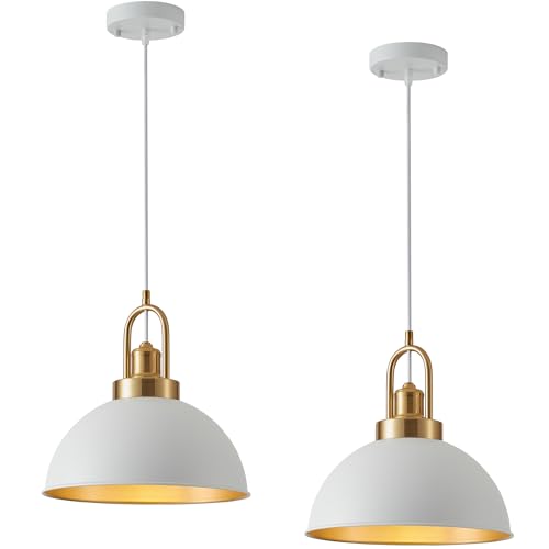 Febeleven Farmhouse 11.81' White Pendant Light with Gold Finish, Industrial Metal Hanging Lighting...