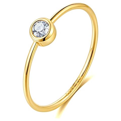 NOKMIT 14K Gold Gold Filled Solitaire Promise Rings Round Cut Cubic Zirconia Rings Minimalism Engagement Band for Women Girls, 6 UK, Gold Filled Copper, Cubic Zirconia Cover