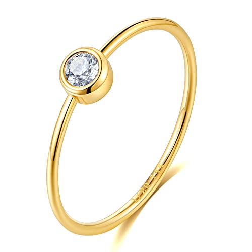 NOKMIT 1mm 14K Gold Filled Solitaire Rings for Women, Round Cut Bezel Set CZ Rings, Thin Stacking...