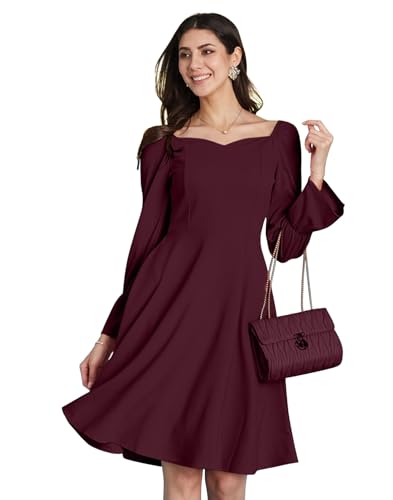Image of SIRIL Women's Full Sleeve Polyester Solid Fit & Flare Dress, One Piece Dress for Women