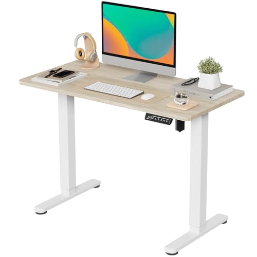 Image of JOY worker Small Electric Standing Desk, 40 inch x 20 inch Whole Piece Height Adjustable Table with Memory Controller, Sit to Stand Desk Workstation for Home Office, Light Walnut