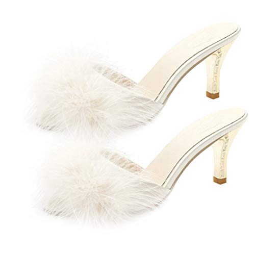Holibanna Femmes Plume Haute Talon Faux Plume À Talons Hauts Pantoufle Antidérapant D' été Sandales Chic Lady Pantoufles Blanc Beige Taille 6US 3. 5UK 36. 5EU