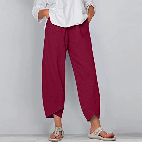 Image of Cotton Linen Capri Pants for Women 2025 Casual Printed Cropped Palazzo Pants Elastic Waist Lounge Baggy Trousers