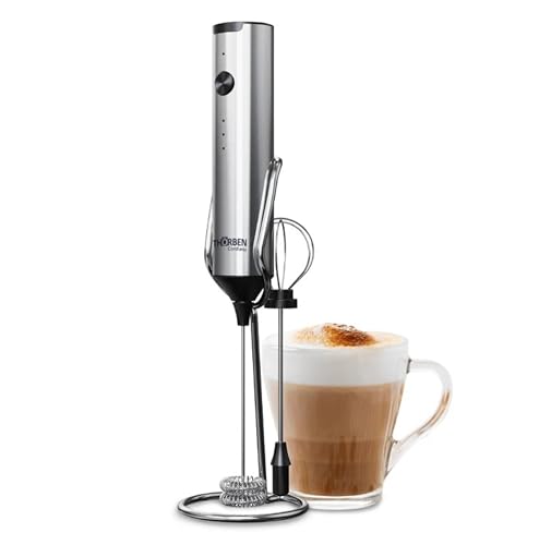 Thörben Espumador y Batidor 2-en-1, Inalámbrico, Acero Inoxidable, USB-C Recargable, 3 Velocidades con LED, 2 Cabezales Intercambiables, Base Soporte, para Café y Repostería