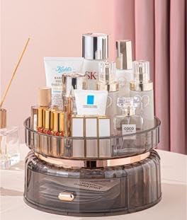 Miniatura 4 de GORET Organizador de maquillaje con rotación de 360, soporte de maquillaje giratorio con cajón de gran capacidad para tocador, baño, perfume, lápiz