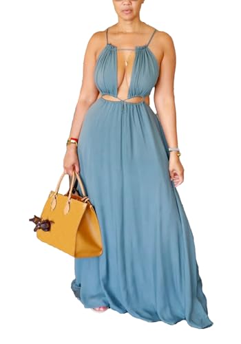 Image of Yeshire Womens Summer Spaghetti Strap Maxi Dress Sleeveless Sexy Cutout Drawstring Boho Beach Vacation Party Dresses