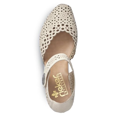 Image of Rieker 43753 Mirjam Women's Mary Jane Heels - Low-Heel Leather Shoes with Adjustable Ankle Strap & Laser-Cut Design - Comfortable Women's Heels for Casual & Dressy Wear