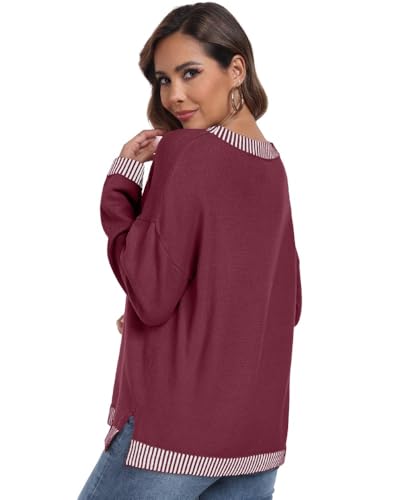 PrinStory Pullover Damen Strickpullover Langarm Rundhals Elegant Lässig Sweatshirt Warm Damen Winter Pullis Strickwaren (Weinrot, S)