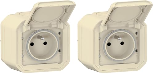 LEGRAND - Prise Etanche IP55 avec Terre Plexo - Prise 2P+T 16A Complète avec Volet - Pour Pose en Apparent - Fabriqué En France - Sable (Lot de 2)