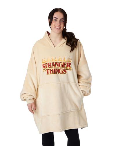 Stranger Things Adults Wearable Blanket Hoodie | Men & Womens Oversized Cream Hooded Fleece Loungewear | Netflix Merchandise