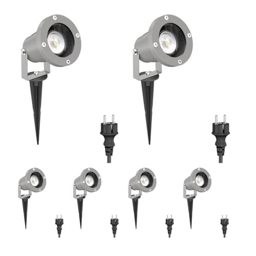 ledscom.de 6 faretti da giardino DUK con picchetto a terra per esterni, IP65, spina, grigio, incl. GU10 LED 504lm bianco