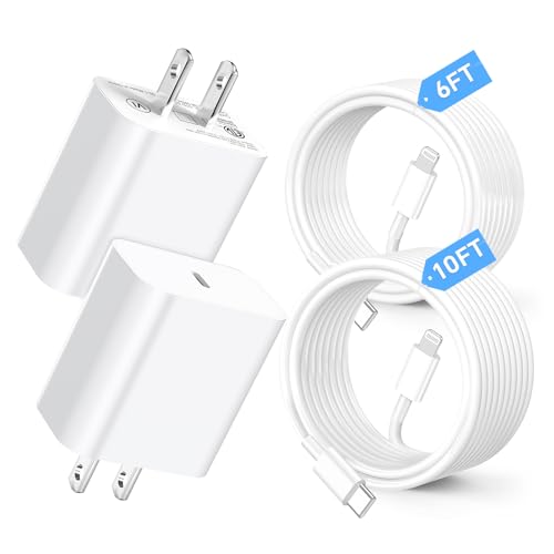 USB C Fast Charger Block, 2Pack 20W PD Type C Wall Phone Charger with 6/10FT Fast Charging USB C to Lighting Cable Compatible with iPhone 14/13/12/11 Pro/Pro Max/Plus/XS/XR/X/SE/8 Charger White