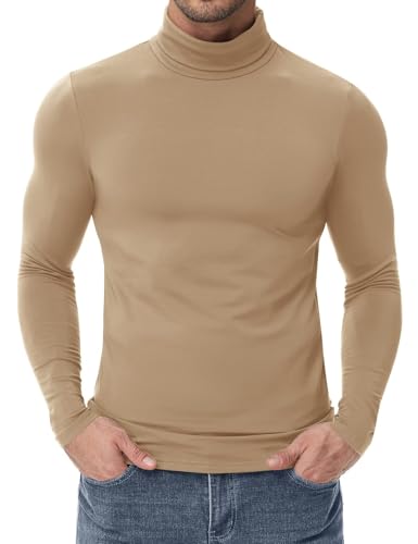 Poriff Men's Turtleneck Thermal Shirt Long Sleeve Fleece Lined Undershirts Warm Base Layer Winter Tops (Khaki S)