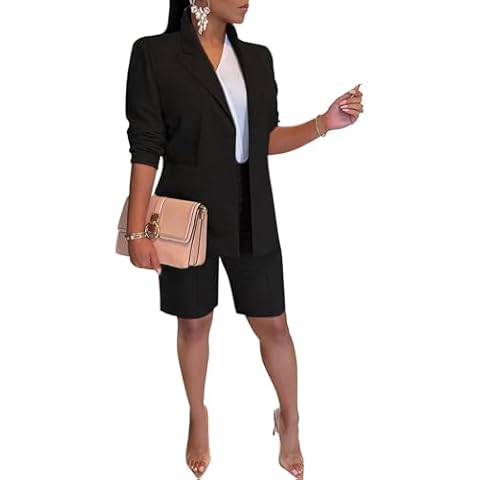 Blazer Shorts Set for Womens 2 Piece Long Sleeve Open Front Blazer Short Suits Business Outfits Black Cover