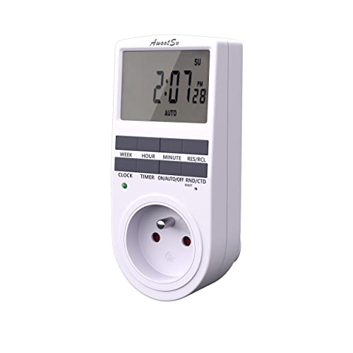 Awootsv Programmateur Prise Électrique et Digitale, with LCD écran avec Compte à rebours Minuterie Numérique Journalier/Hebdomadaire Programmateur Prise 18...