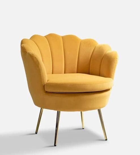 Image of Wooden Velvet Shell Accent Chair, Upholstery, Gold Metal Legs, Channel Tufted Design, Barrel Chair for Living Room, Drawing Room, Bedroom, & Office (Yellow)