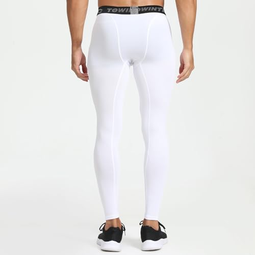 Towintec Mens Compression Pants Breathable Leggings Football Trousers Running Tights Training Pants Basketball Tights Workout Base Layer Bottom Athletic Gym White - Image 3