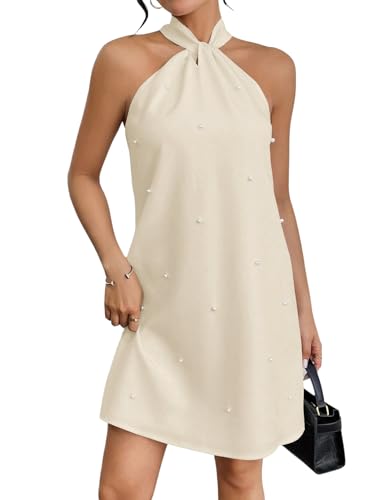 Image of Floerns Women's Pearl Beaded Halter Twist Sleeveless Tie Back Dress A Line Dress