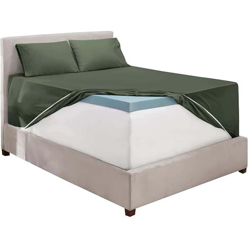 Image of Hearth & Harbor Extra Deep Pocket King Sheet Set, Olive Green | 4 Piece Bed Sheet Set, Ultra Soft & Breathable, Fits Up to 24 inch Mattress, Hotel Luxury