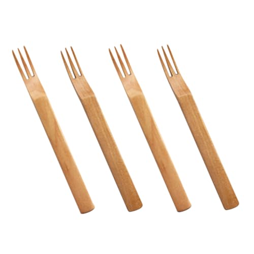 HEALEEP 4Pcs Wooden Fruit Forks Three Tooth Salad Picks for Parties Reusable Appetizer Utensils Stylish Dessert Forks for Home Bar Cafe and Beach Events