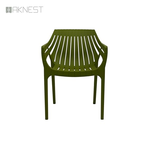 Image of OAKNEST Supreme Spectrum Plastic Arm Chair - Modern Slatted Stackable Chair for Living Room, Dining, Garden, Balcony, Restaurant & Cafe | Indoor Outdoor Designer Chair, Set of 4, Mehandi Green