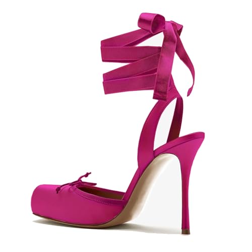 Women's Satin Ballet Slingback High Heels with Bows Closed Square Toe Lace-Up Stiletto Pumps Elegant Mary Jane Shoes for Wedding Party Hot Pink2