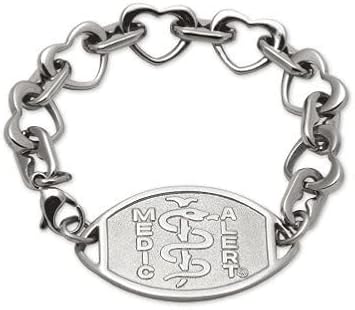 MEDICALERT Foundation Classic Embossed Sweetheart Medical ID Bracelet Stainless Steel for Men and Women with Free Custom Engraving - Linking Hearts - 8.5 Inches