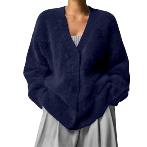 Image of Womens Fuzzy Sweaters Cardigan V-Neck Button Down Oversized Mohair Sweater Casual Y2k 2026 Fall Winter