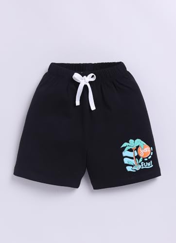 Image of LITTLE NINJA Cotton Half Sleeves Beach Theme Printed Coordinating Tee & Shorts Set - Green & Black