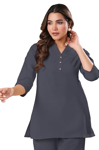 Image of Janasya Women's Light Blue Linen Cotton Solid A-line Top