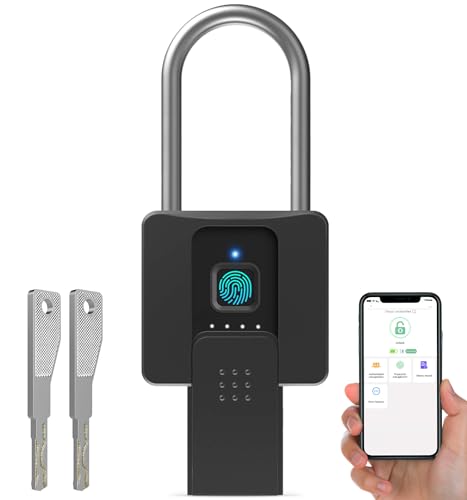 Anweller Fingerprint Padlock with Key Backup, Weatherproof Biometric Bluetooth App Controlled Keyless Smart Electronic Long Shackle Combination Lock for Outdoor Fence Gate Pool Shed Gym Locker Yard
