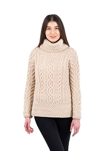 Image of SAOL Aran Irish Sweater for Women - Made of 100% Merino Wool - Ireland Fisherman Cable Knit Ladies Pullover