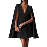Fashion Blazer Dress for Women with Cape Double Breasted Deep V Neck Ladies Solid Suit Skirt Party Dinner Prom Black Medium