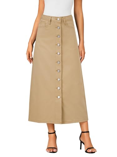 Vrtige Women's High Waisted Long Denim Skirt Khaki X-Large