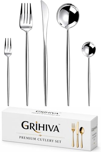 Image of 5 Pcs Silver Cutlery Set for Dining Table the Perfect Lightweight Silim Handle Tableware Including Dinner Spoon, Dinner Fork, Dinner Knife, Dessert Spoon & Dessert Fork