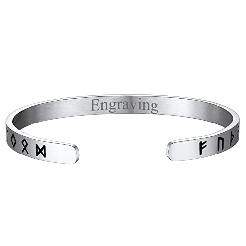 FaithHeart Brazalete Personalizado Runas Vikingas Hombre Acero Inoxidable 316L Pulsera Vikinga Banda Fina Rígida Joyería Nórdica Talismán Protección Padre
