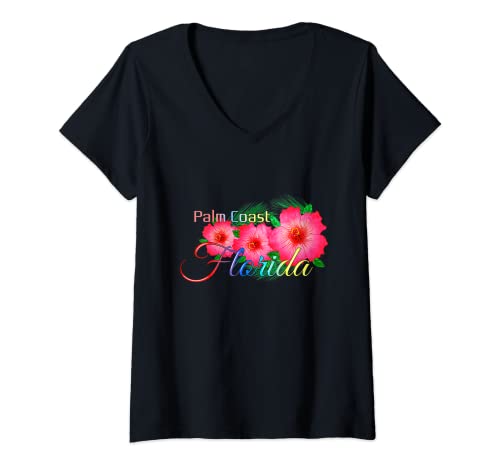 Mujer Palm Coast Florida Flores tropicales Vacaciones familiares Camiseta Cuello V