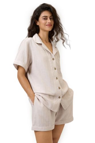 Image of BESTOUCH Womens Pajama Sets: 100% Cotton Muslin Linen Feel | Button Soft Comfy Breathable Classic Sleep Pjs 2 Piece