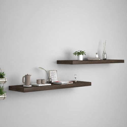 Image of Wooden Floating Wall Shelf| Wall Mount| Wall Rack| Wall Bracket for Home and Office Decor | Big Mounted Cabinets (Set of 2, Ash Walnut, XX-Large (24x8 inches))