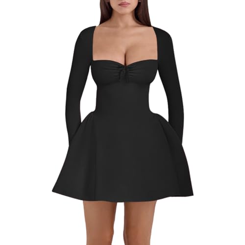 Women's Fit and Flare Mini Dress - Long Sleeve Sweetheart Neck Sexy A Line Club Party Going Out Dresses