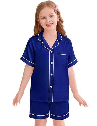 SWOMOG Kids Silky Satin Pajamas Set Girls Boys Button-Down Sleepwear Short Sleeve 2 Piece PJs Sets Lounge Sets2