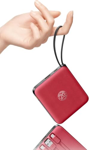Image of VRURC 10000mAh Portable Charger Power Bank Built-in Cables | Travel Essentials,22.5W Fast Charging,LED Display,Slim,for iPhone 17 /16 /15 Series & Samsung Series,Battery Pack-Red
