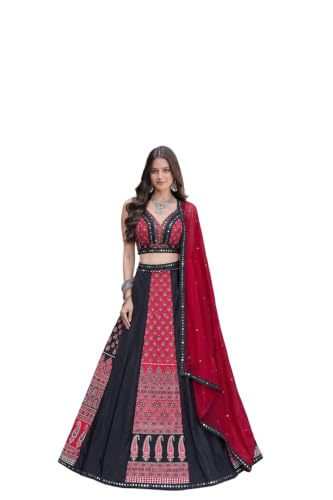 Image of Women's Semi Stitched Lehenga Choli Set in French Crepe | Printed Work Real Mirror Blouse | Georgette Dupatta with Lace Border | Festive Wedding Party Ethnic Outfit