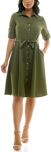 Sharagano Womens Button Front Pleated Shirt Casual Dress