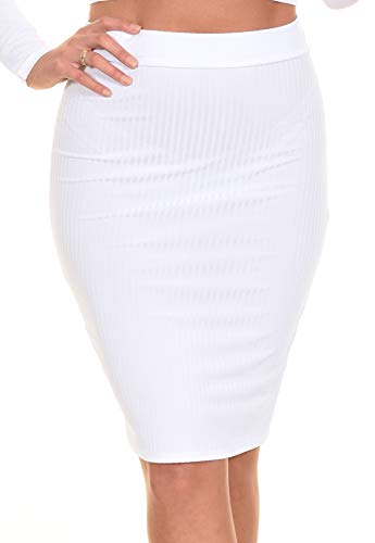 Mujeres Acanalado Falda Midi Lápiz Cintura Alta Elasticidad Bodycon Tubo Falda Oficina (Blanco, 36-38)