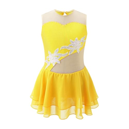 Maillot de Gimnasia Leotardos Malla de gimnasia for niñas, sin mangas, con parches, brillante, con estampado floral, for patinaje artístico sobre hielo, ropa de ballet, ropa de baile(Yellow A,16)