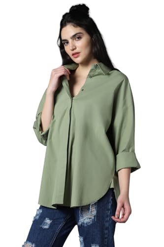 Image of High Star Relaxed Oversized Spread Collar Long Sleeve Cotton Longline Casual Shirt