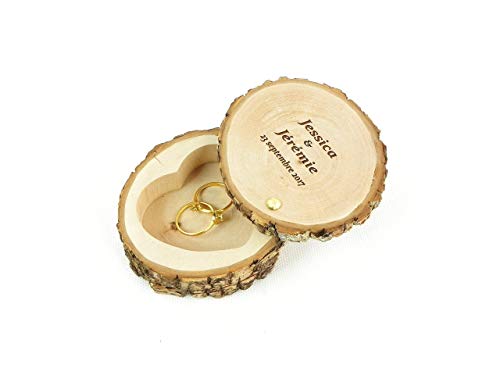 Porte alliances en bois, boîte à alliances personnalisée fait main dans une tranche de bois pour...