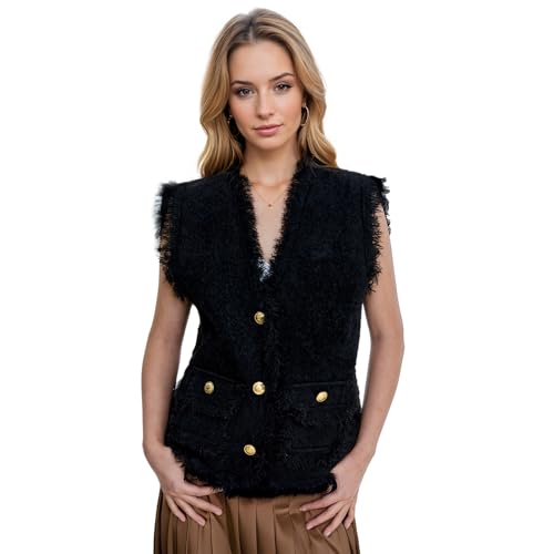 Image of WaJuemy Loose Sweater Vest for Women Dressy Sleeveless V Neck Cardigan Sweater Elegant 2025 Trendy Button Up Pockets Tops (Small, 01 Black)